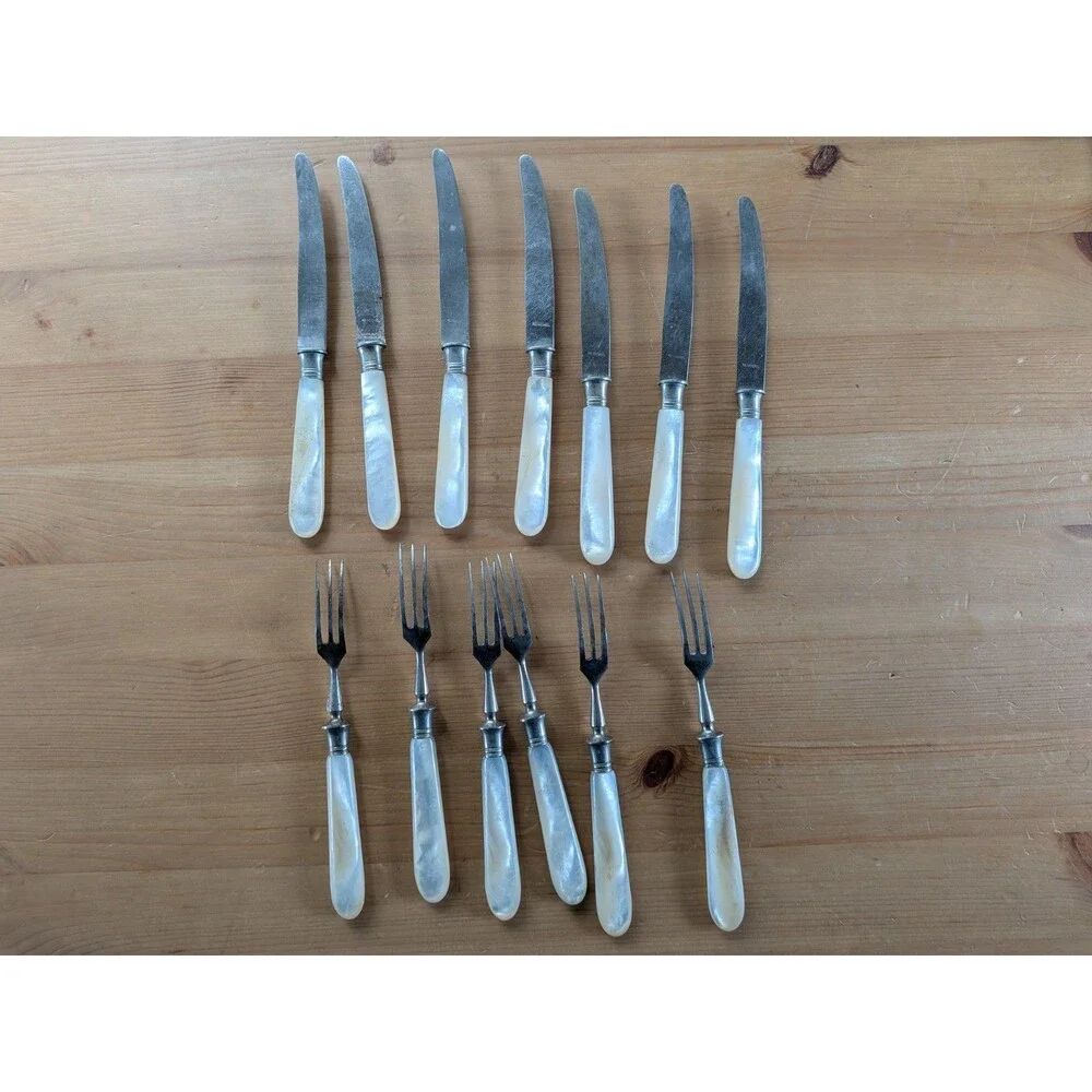 Antique Mother of Pearl and Nickel Fruit Set 7 Knives 6 Forks Friedrich Neef